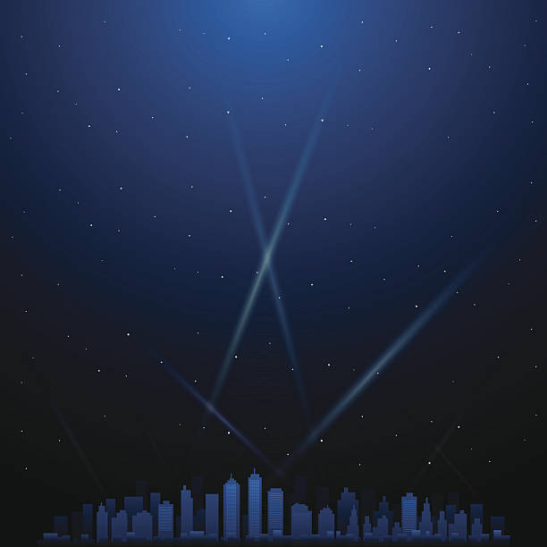 ilustraciones, imágenes clip art, dibujos animados e iconos de stock de ciudad de noche con foco en el fondo - city of los angeles los angeles county sign skyline