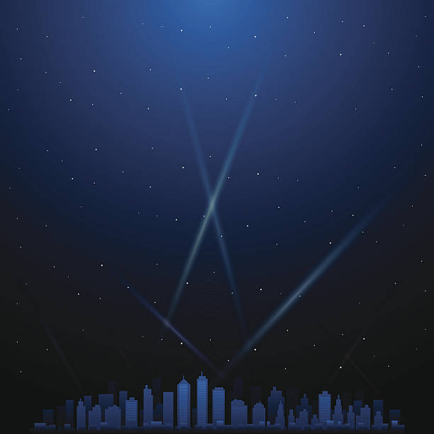 City at night with spotlights in background vector art illustration