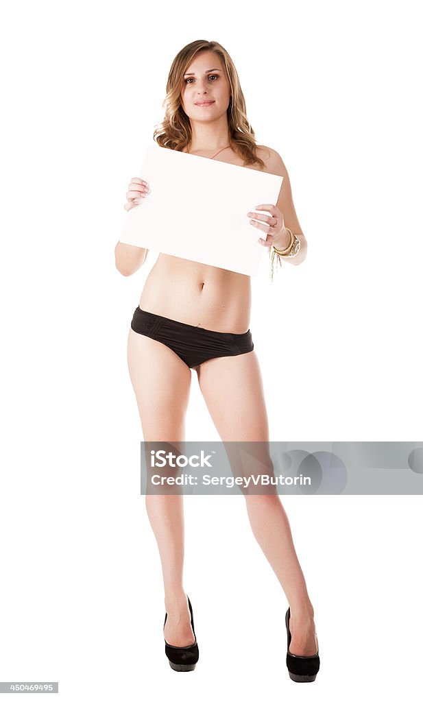 sexy nude mulher segurando em branco banner - Foto de stock de Mulheres royalty-free