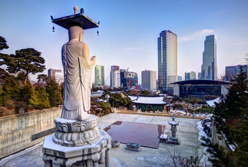 Skyline of downtown Seoul, South Korea from bongeunsa temple