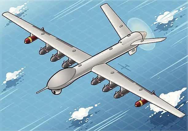 Vector illustration of Isometric Drone Airplane Flying with Bombs in Front View