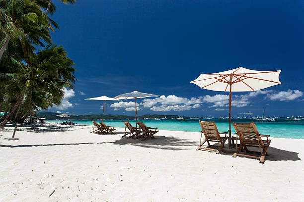 istock Beach chairs on a white sand beach at a tropical resort 450477475