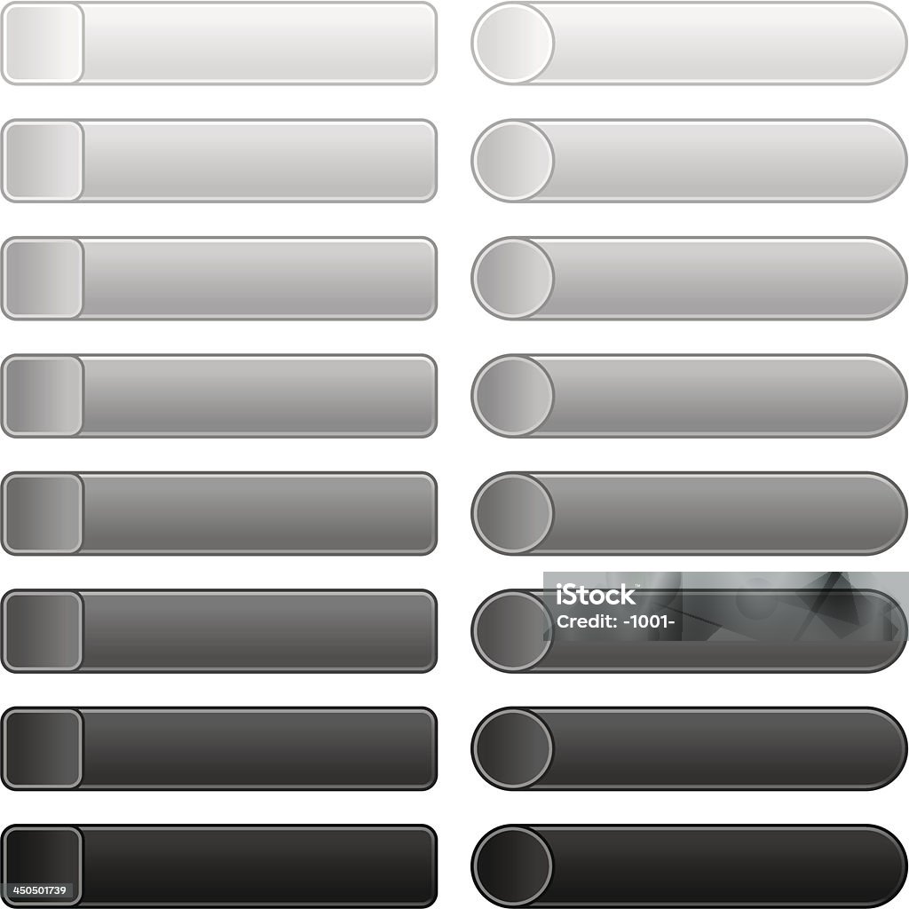 Empty grayscale icon square rectangle circle web internet blank button Blank web internet button. Empty gray and black square, rectangle, circle and rounded rectangle icon shape on white background.  Application Form stock vector