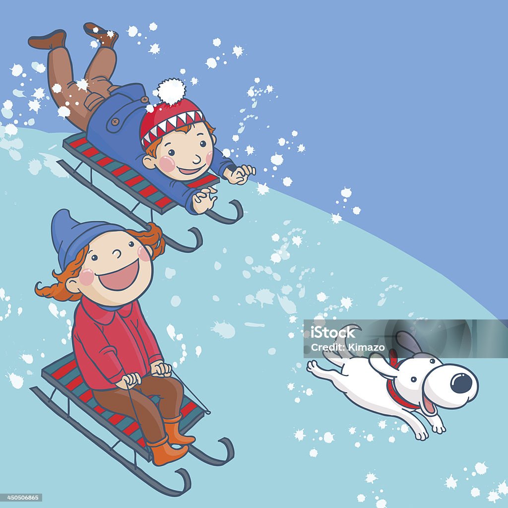 Niños deslizante de nieve Hill perro - arte vectorial de Dibujo con palitos libre de derechos