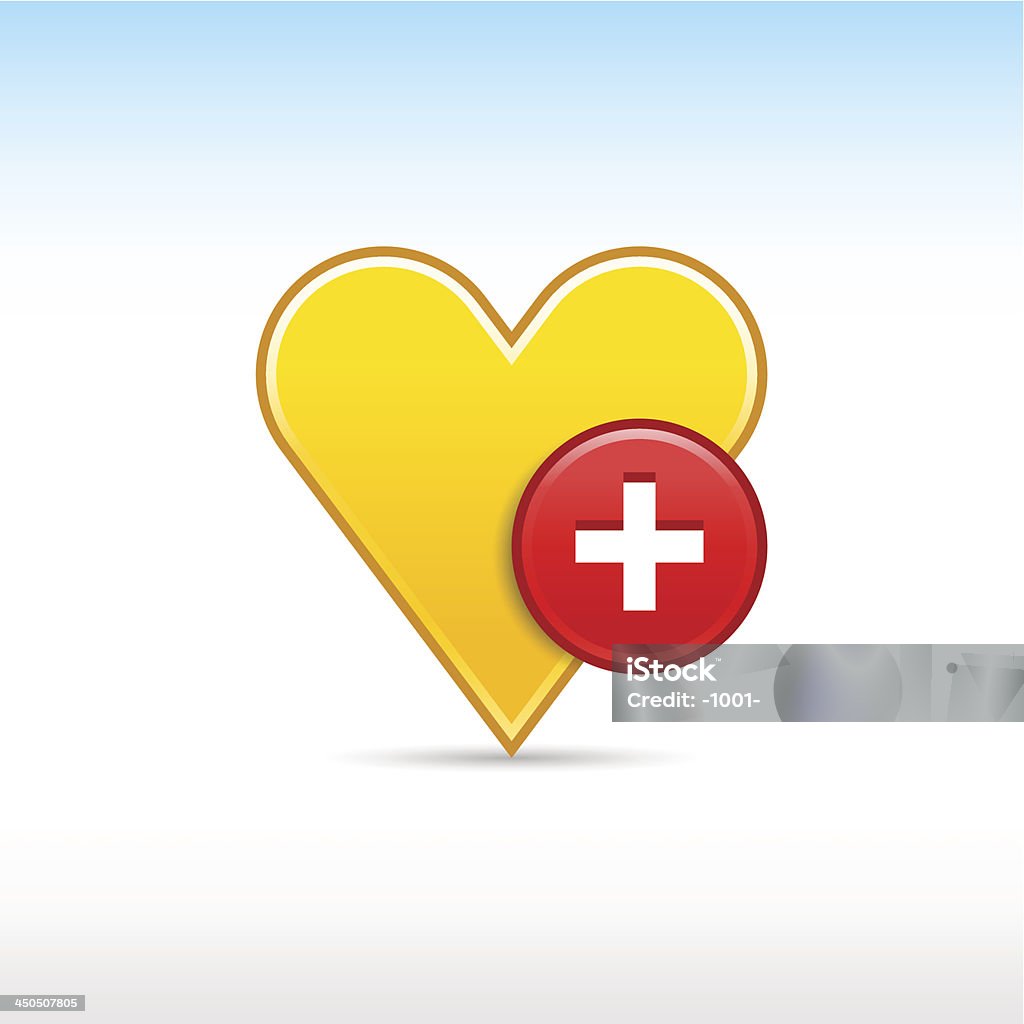 Yellow heart sign plus icon circle web internet button Yellow heart sign plus icon circle web internet button with drop gray shadow on blue, white, gray background. Badge stock vector