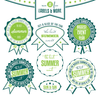 Collection of summer events related vintage labels isolated on white