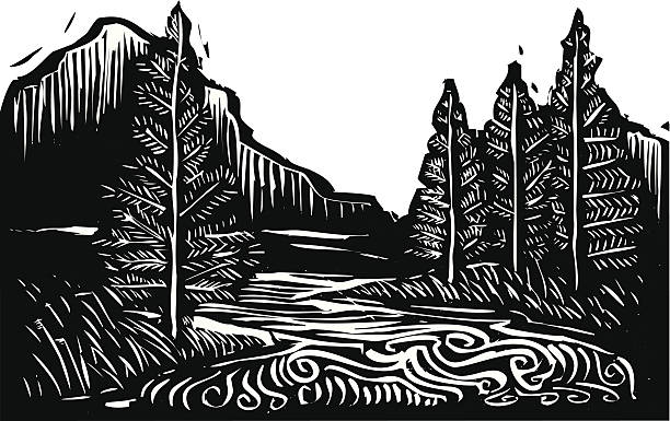 bildbanksillustrationer, clip art samt tecknat material och ikoner med black and white illustration of a mountain landscape - flod illustrationer