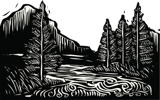 Woodcut style expressionist landscape with trees and river.