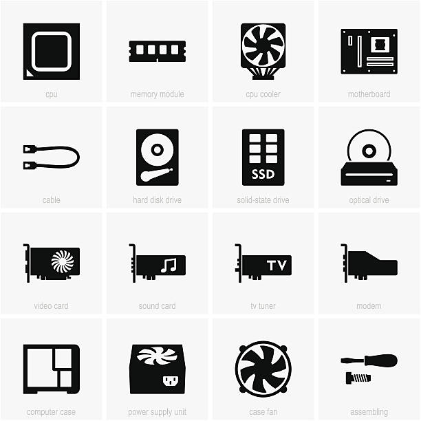 illustrazioni stock, clip art, cartoni animati e icone di tendenza di icone di componenti di computer - ssd
