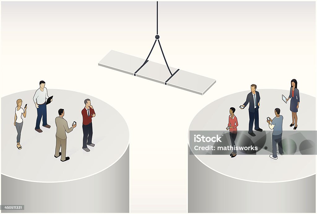 Bridging the Gap Illustration Two groups of people stand on separate business silos, as a bridge is lowered from a crane to span the gap. Silo stock vector