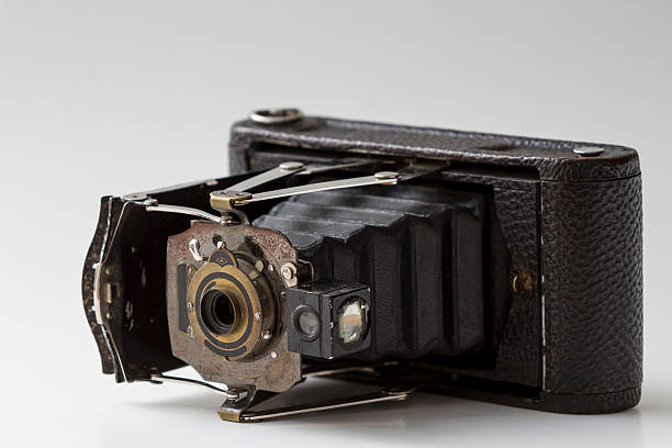 istock Isolated old vintage analog black camera detail close up. 450514343