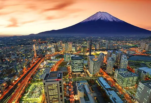 View of Yokohama and Mt. Fuji in Japan.