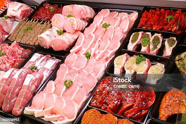 Pork Display In Butcher Shop Stock Photo - Download Image Now - Butcher's Shop, Meat, Butcher