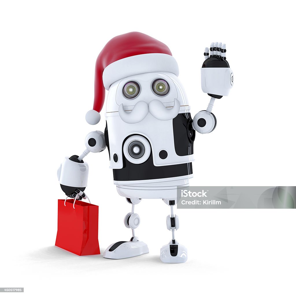 Android robot with santa's hat and a shopping bag Android robot with santa's hat and a shopping bag Isolated on white Robot Stock Photo