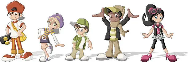 Vector illustration of Set of five cool hipster cartoon kids