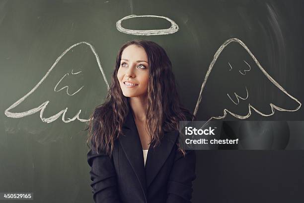 Girl Over Chalkboard With Funny Picture Stock Photo - Download Image Now - Adult, Adults Only, Angel