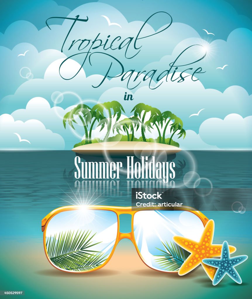 Été vacances conception Flyer avec des palmiers et Île Paradise - clipart vectoriel de Abstrait libre de droits