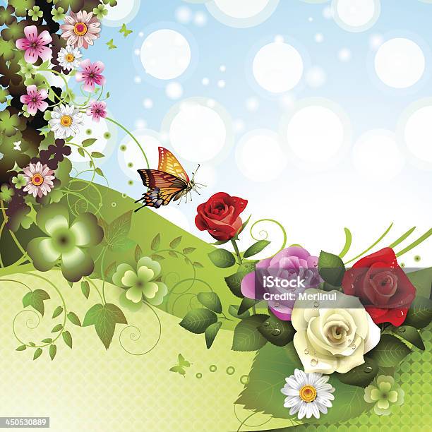 Background With Roses Stock Illustration - Download Image Now - Butterfly - Insect, Circle, Daisy