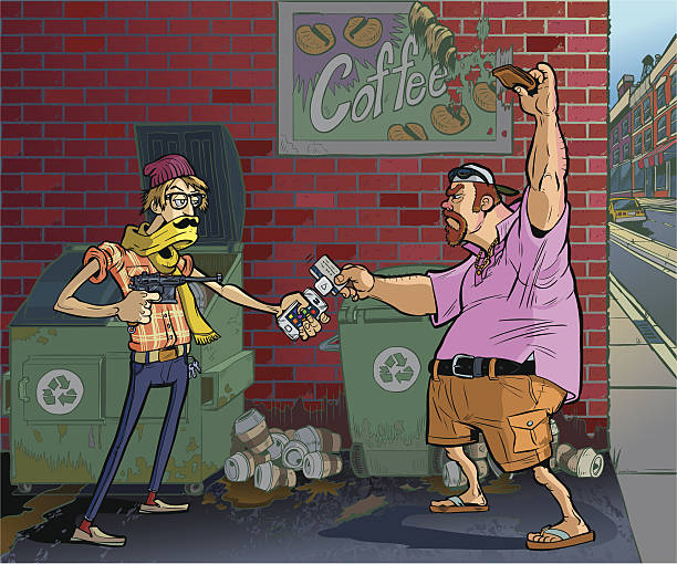 Vector Cartoon Of A Hipster Robbing An Aging Frat Guy A vector cartoon of a hipster robbing an aging frat guy at gunpoint in the alley behind a coffee shop. The hipster uses a vintage pistol and smartphone connected credit card reader to rob his victim. wallet gun stock illustrations