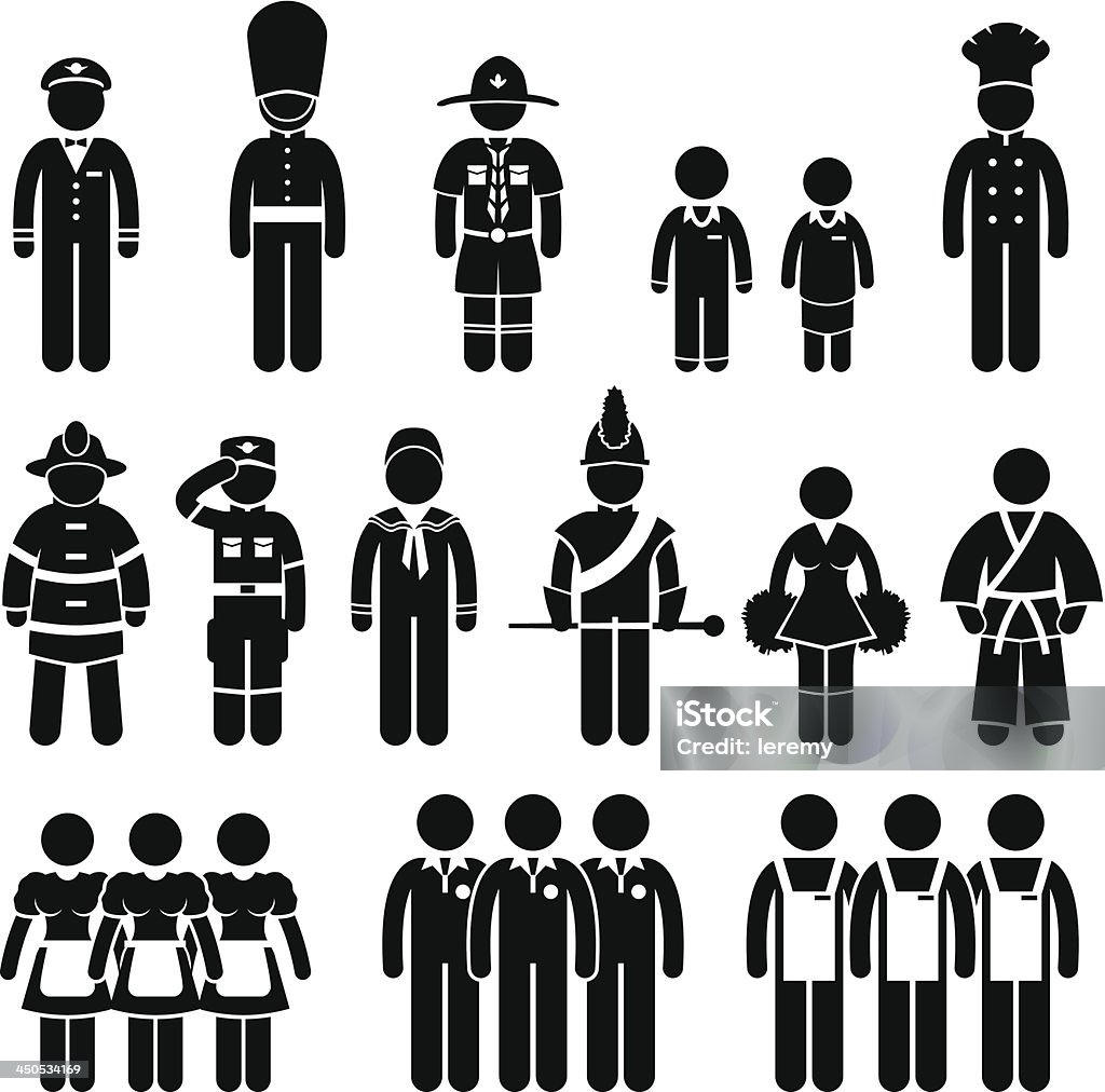 Uniform Outfit Clothing Wear Job Dress Code Pictogram A set of pictogram representing the outfit uniform of different kind of jobs. Cheerleader stock vector