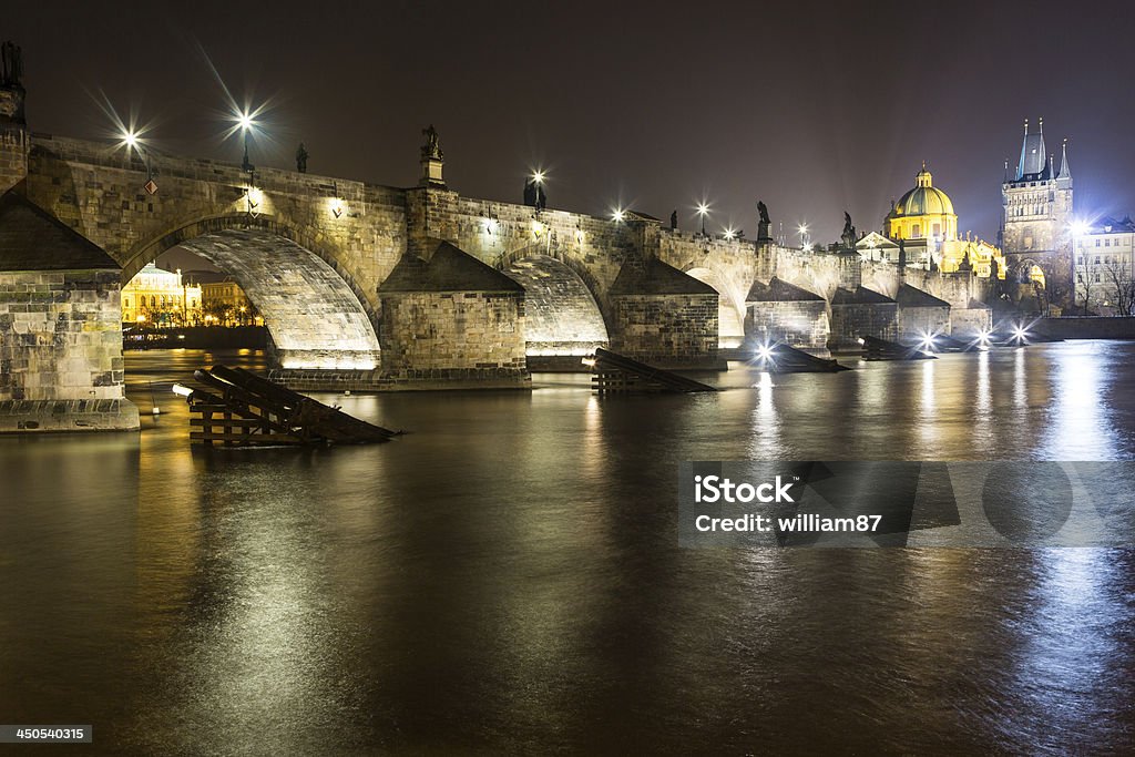 Charles Bridge in Prague at Night Architecture Stock Photo