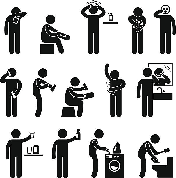 ilustrações de stock, clip art, desenhos animados e ícones de homem usando pictograma de produtos de saúde - eating silhouette men people