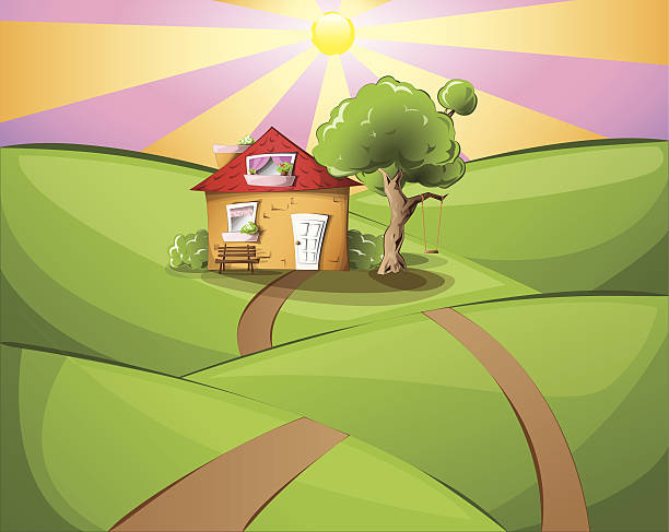 Rural sunset with a cosy house vector art illustration