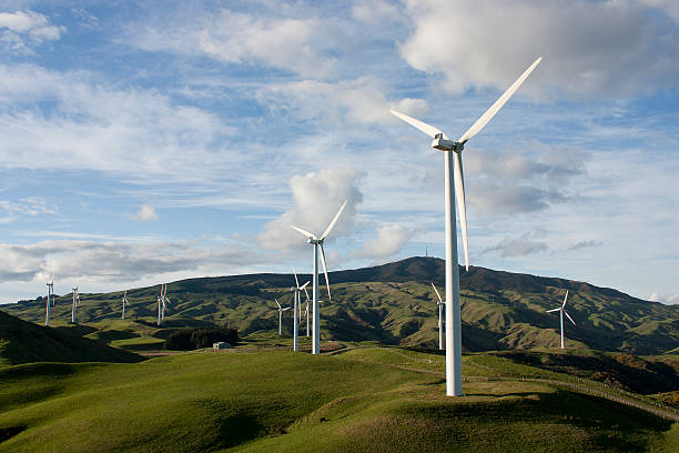 Landscape image featuring wind turbines Te Apiti windfarm in the region of Manawatu, New Zealand.   manawatu stock pictures, royalty-free photos & images