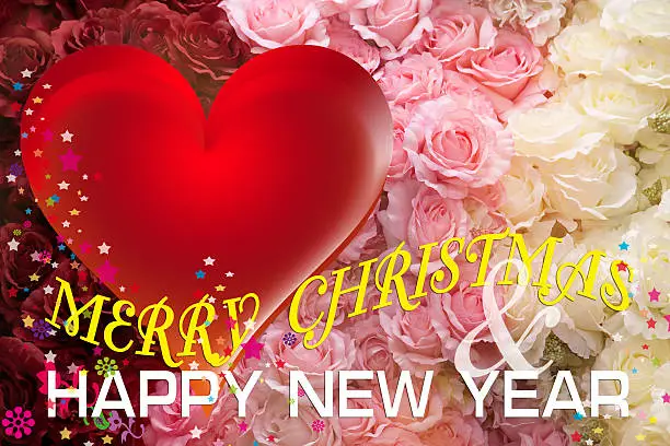 Christmas and New Year Card with Red Heart and Rose.This Card blank area for fill Wish Well Wording and logo by yourself.