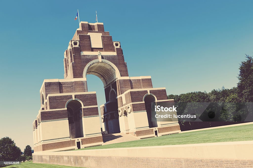 Thiepval Memorial The Thiepval Memorial to the Missing of the Somme. Its walls are inscribed with the names of over 70,000 missing British and South African soldiers after the Battles of the Somme from 1915 to 1918. Film rendering for traditional feel. Battlefield Stock Photo
