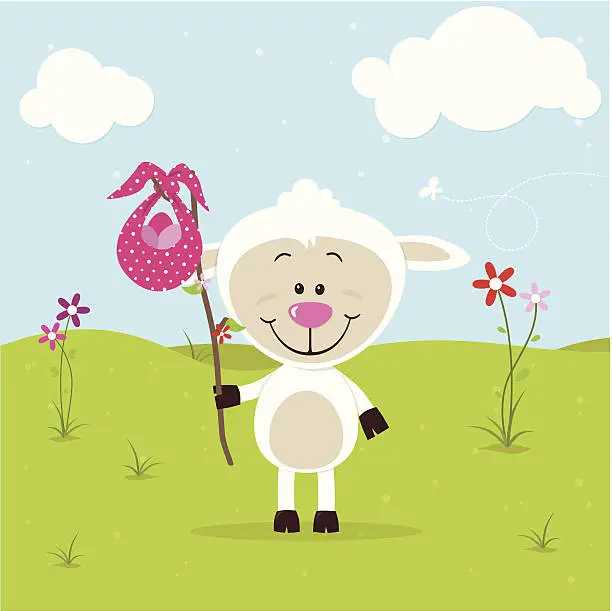 Vector illustration of Little sheep with pink bag