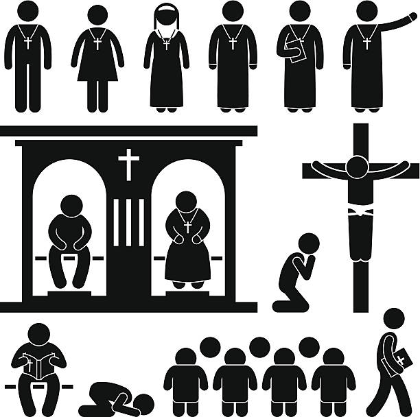 ilustraciones, imágenes clip art, dibujos animados e iconos de stock de religión cristiana tradicional iglesia pictograma - confession booth