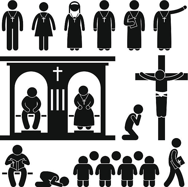 Christian Religion Tradition Church Pictogram A set of people pictogram representing the people of Christian praying and practicing their tradition and culture. nun praying cross human hand stock illustrations