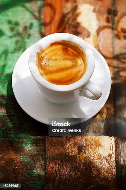 Espresso Coffee Cup On Rustic Table With Sun Stock Photo - Download Image Now - Black Coffee, Black Color, Breakfast