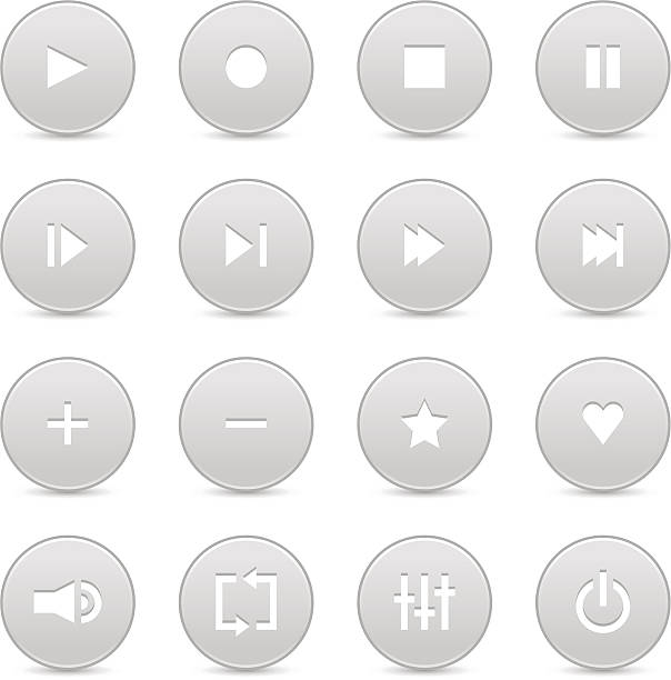 Gray media player audio video icon circle button 16 icon with media audio video player sign. Play, stop, record, pause, eject, last, forward, next, plus, minus, star, heart, volume, repeat, equalizer pictogram. Gray circle button with shadow on white background.  refresh button on keyboard stock illustrations