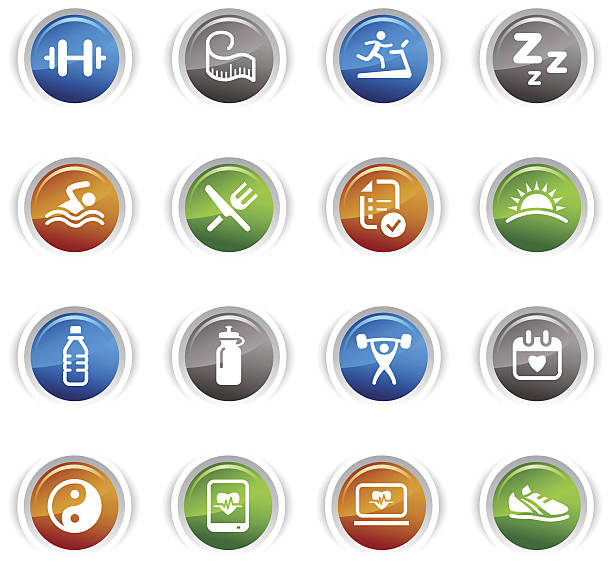 illustrazioni stock, clip art, cartoni animati e icone di tendenza di pulsanti lucidi-icone di salute e fitness - symbol human muscle strength computer icon