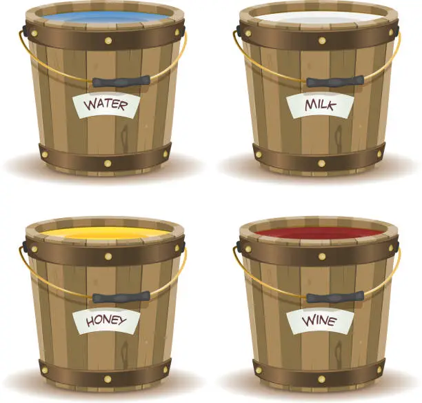 Vector illustration of Water, Milk, Honey And Wine Inside Wood Bucket