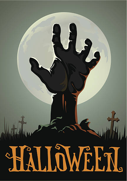 ilustraciones, imágenes clip art, dibujos animados e iconos de stock de fondo de halloween - zombie halloween cemetery human hand
