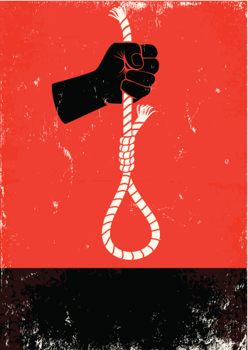 Red and black poster with hand and gallows