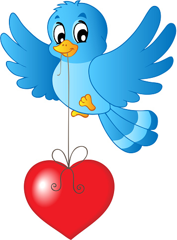 Blue bird with heart on string - vector illustration.