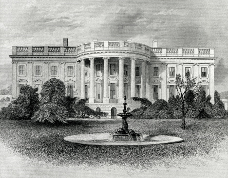 Engraving From 1881 Featuring The White House In Washington DC, USA.  The White House Is The Home Of The President Of The United States.