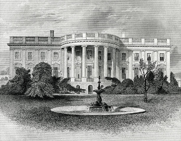 The White House Engraving From 1881 Featuring The White House In Washington DC, USA. The White House Is The Home Of The President Of The United States. famous american landmark drawing stock illustrations