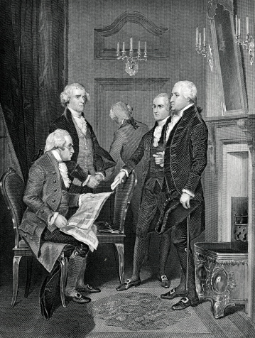 Engraving From 1881 Commemorating The First Presidential Cabinet.  The Men Featured Are (From Left To Right)  Henry Knox, Thomas Jefferson, Edmond Randolph, Alexander Hamilton, And President George Washington.