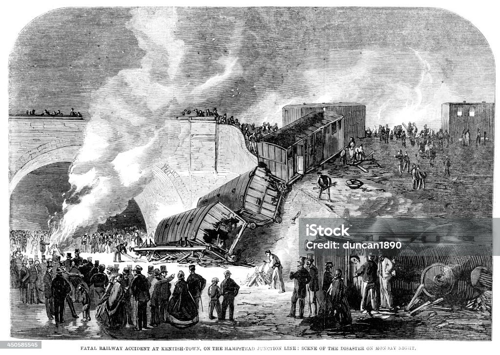 Railway Accident Vintage engraving showing a fatal railway accident at Kentish Town, on the Hampstead Junction Line, Camden, London. 1861 19th Century stock illustration