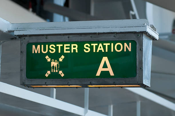 Muster station sign directing passengers to the life boats Muster station sign directing passengers to the life boats on a cruise ship muster station stock pictures, royalty-free photos & images