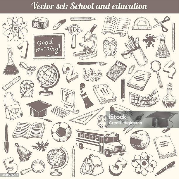 School And Education Vector Set Stock Illustration - Download Image Now - Alarm Clock, Atom, Bag