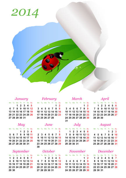 Calendar for 2014 Calendar for 2014 with green grass and ladybird seven spot ladybird stock illustrations