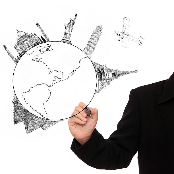 istock Businessman hand drawing world on white background 450591803