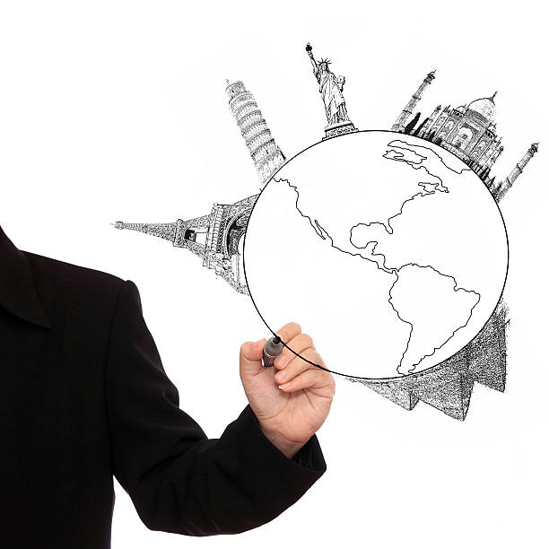 istock Businessman hand drawing world on white background 450591817