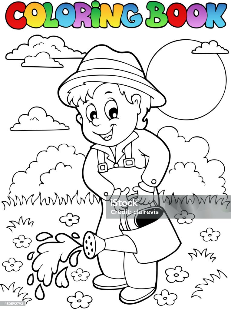 Coloring book garden and gardener Coloring book garden and gardener - vector illustration. Coloring Book Page - Illlustration Technique stock vector